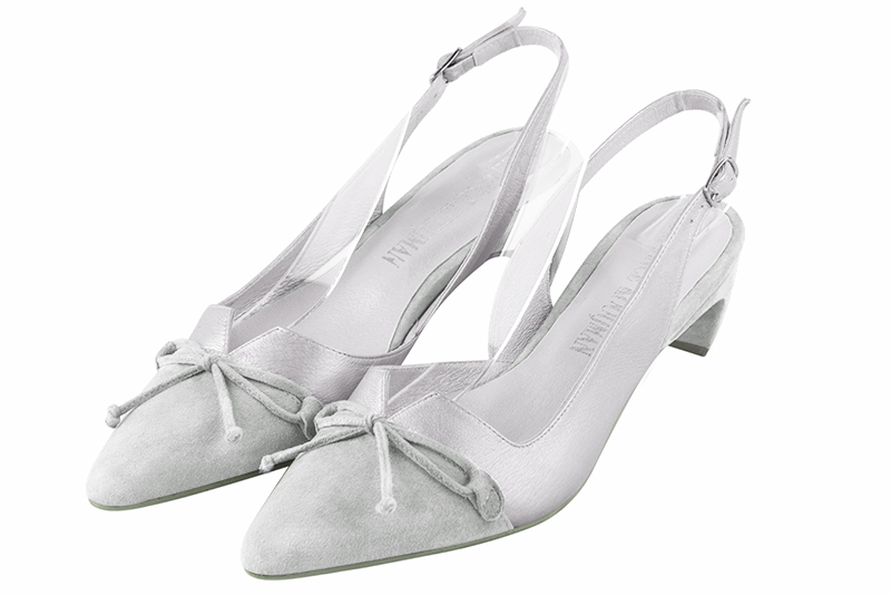 Pearl grey and light silver women's open back shoes, with a knot. Tapered toe. Low comma heels. Front view - Florence KOOIJMAN